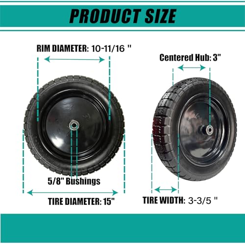 15" Flat-Free Wheelbarrow Tire and Wheel - 4.80/4.00-8 Solid PU Tire, Puncture Proof Replacement Tires, Fits 5/8" Bushing & Axle Bore for Utility/Garden Carts (2-Pack, Black) by Generic - Used condition - Image 2