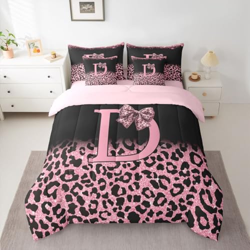 Image of Feelyou Bow Initial Letter D Comforter Set with Sheets 7 Piece Full Size Glitter Leopard Print Bedding Set for Kids Boys Girls Girly Bow Bed in a Bag Room Decor Soft Lightweight Microfiber