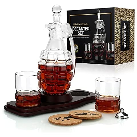 Grenade Whisky Decanter with 2 Whisky Glasses Set (New-tech Super Lightweight) and Wood Base-for Liquor, Scotch, Bourbon, Vodka, Wine, Brandy, Limited Edition The Wine Savant Gifts for Men-1000ml Cover