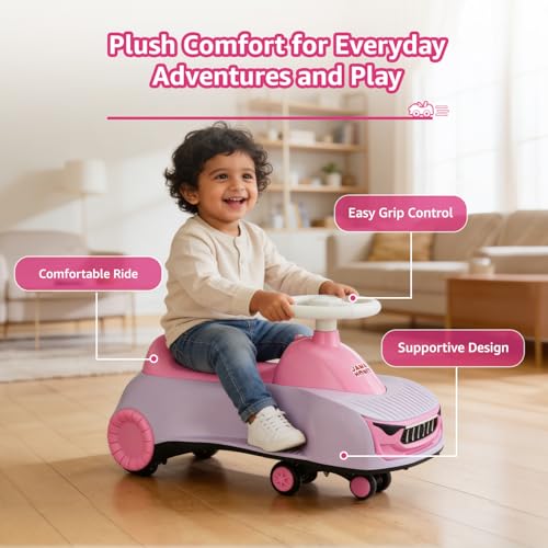 Image of Amazon Brand - Jam & Honey Ride-On Swing Car for Kids 12+ Months| Premium Design with Stable Overhang Base | PU Wheels | Supports up to 100 kg | Indoor & Outdoor - Pink