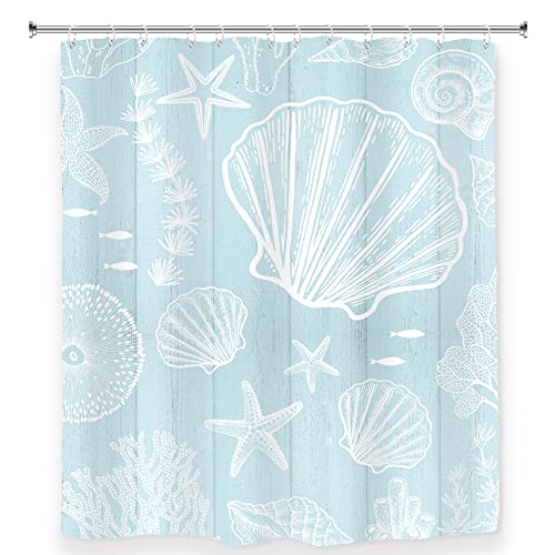 Ambzek Starfish Seashell Shower Curtain 60Wx72L Inch Nautical Beach Coastal Farmhouse Wooden Plank Ocean Vintage Rustic Artwork Cloth Fabric Waterproof Polyester Bathroom Decor Set With 12 Pack Hooks #TOP5