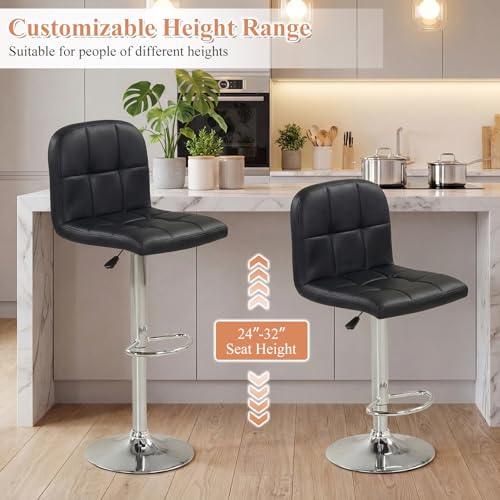 Juego de 4 butacos giratorios modernos Giantex, ajustables en altura con respaldo y reposapiés, tapizados en cuero sintético para isla de cocina y comedor, color negro + plateado miniatura 5