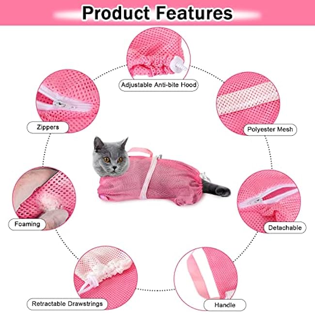 JULMELON Cat Washing Bag 10 PCS Set, Adjustable Cat Shower Net Bag and Pet Grooming Brush with Nail Clipper Nail File Hair Combs Tick Tool Nail Caps for Bathing Nail Trimming Examination(Pink+Grey)-corw0DZD