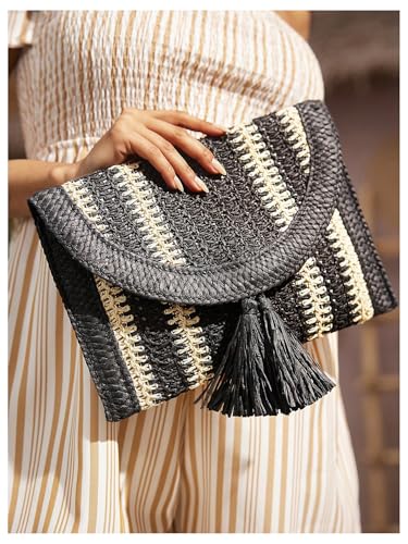 Image of OYOANGLE Women's Color Block Woven Clutch Bag Straw Fringe Flap Small Striped Boho Purse Handbags