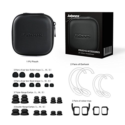 Earphones PU Pouch, Jabees Hard Carrying Case for Earbuds and Eartips, Including 2 Pairs of Removable Ear Loops, 12 Pairs of Eartips, 2 Pairs of Ear Cushion with Wing for Jabees BSport and Beating