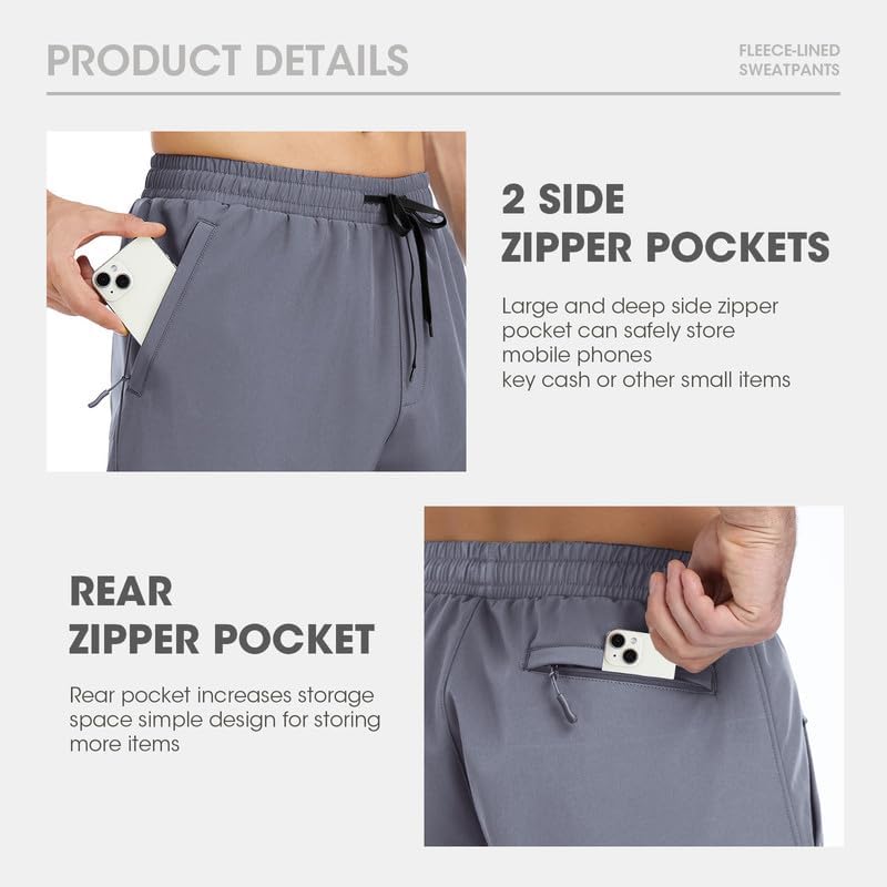 Men's Fleece Lined Pants Winter Athletic Workout Running Sweatpants Zipper Pockets Water Resistant Warm Joggers - Image 5