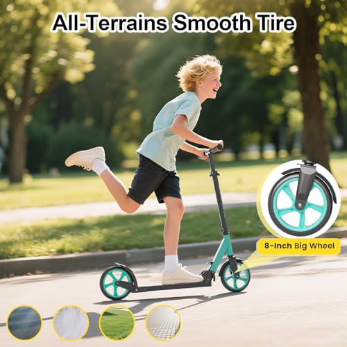 Image of SIMATE Kick Scooter for Kids Teens & Adults, 4 Adjustable Heights, 8IN All Terrain Big Wheels, Foldable and Lightweight, Gifts for Girls Boys