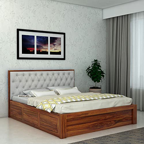 Image of Ganpati Arts Sheesham Wood Decan King Size Bed with Box Storage for Bedroom Wooden Double Bed Palang for Home (Natural Finish)