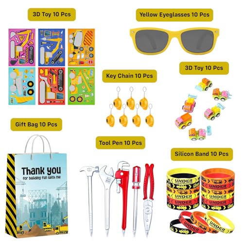 Image of Party Propz Construction Theme Birthday Return Gifts for Kids - 70 Pcs,3D Toys,Tool Pen,Key Chain,Eyeglasses,Slap Bands, Gift Bag, Construction Theme Decoration, Birthday Return Gift for Kids 6-12