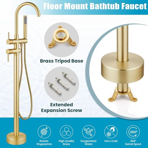 Image of BASSINO Freestanding Bathtub Faucet with Hand Shower /45 Inches Premium Stand Alone Bath Tub Mixer Tap for Bathroom /Free Standing Tub Filler for Spa & Villa Bathrooms /Floor Mounted Basin Mixer(Gold)