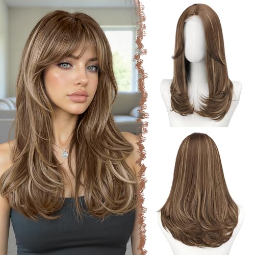 Image of FESHFEN Lace Front Hairline Wigs with Bangs, Synthetic Natural Looking Long Layered Straight Hair Wig for Women Daily Party Costume, 18 inch Brown Highlighted Blonde