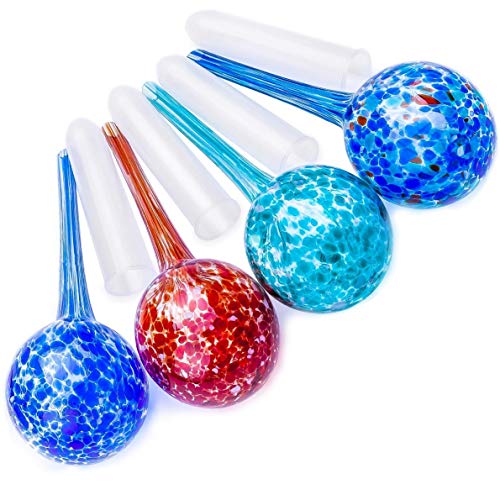 Medium Size Improved Watering Globes for Smaller Plants (4 Pack) Adjustable Indoor Outdoor Decorative Garden Irrigation System Aqua Glass Bulbs, Water Stakes, Spikes + Plastic Tubes for No More Mess.