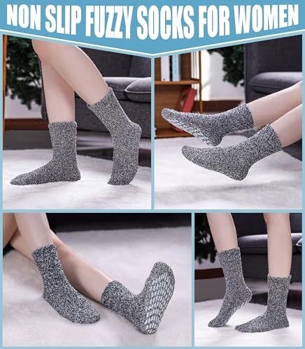 Image of Yebing Non Slip Hospital Socks for Women with Grips Fuzzy Cozy Anti Skid Slipper Socks Winter Warm Soft Fluffy Sleep Socks