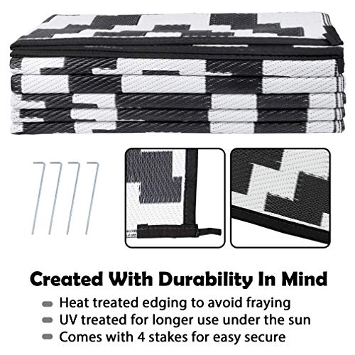SAND MINE Reversible Mats, Plastic Straw Rug, Modern Area Rug, Large Floor Mat and Rug for Outdoors, RV, Patio, Backyard, Deck, Picnic, Beach, Trailer, Camping (9' x 12', Black & White Lattice) - Thumbnail 3