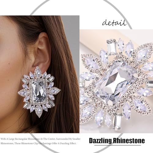 Large Silver Rhinestone Clip On Earrings For Women Non Pierced Bling Crystal Statement Earrings Formal Trendy4
