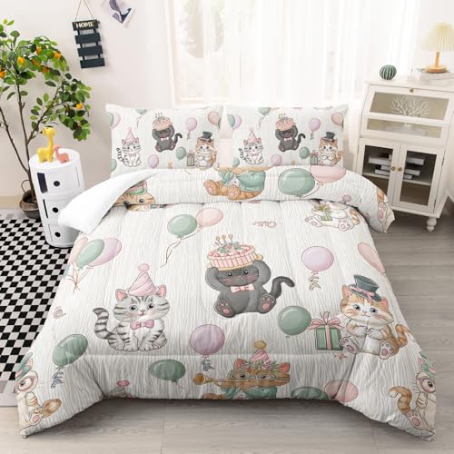 Image of AILONEN Kawaii Kitten Party Comforter Full 3 Piece Bedding Set Teens Girls Room Decor Pastel Cat Balloon Celebration Quilt Animal Print Plush Lightweight All Season Bedspread