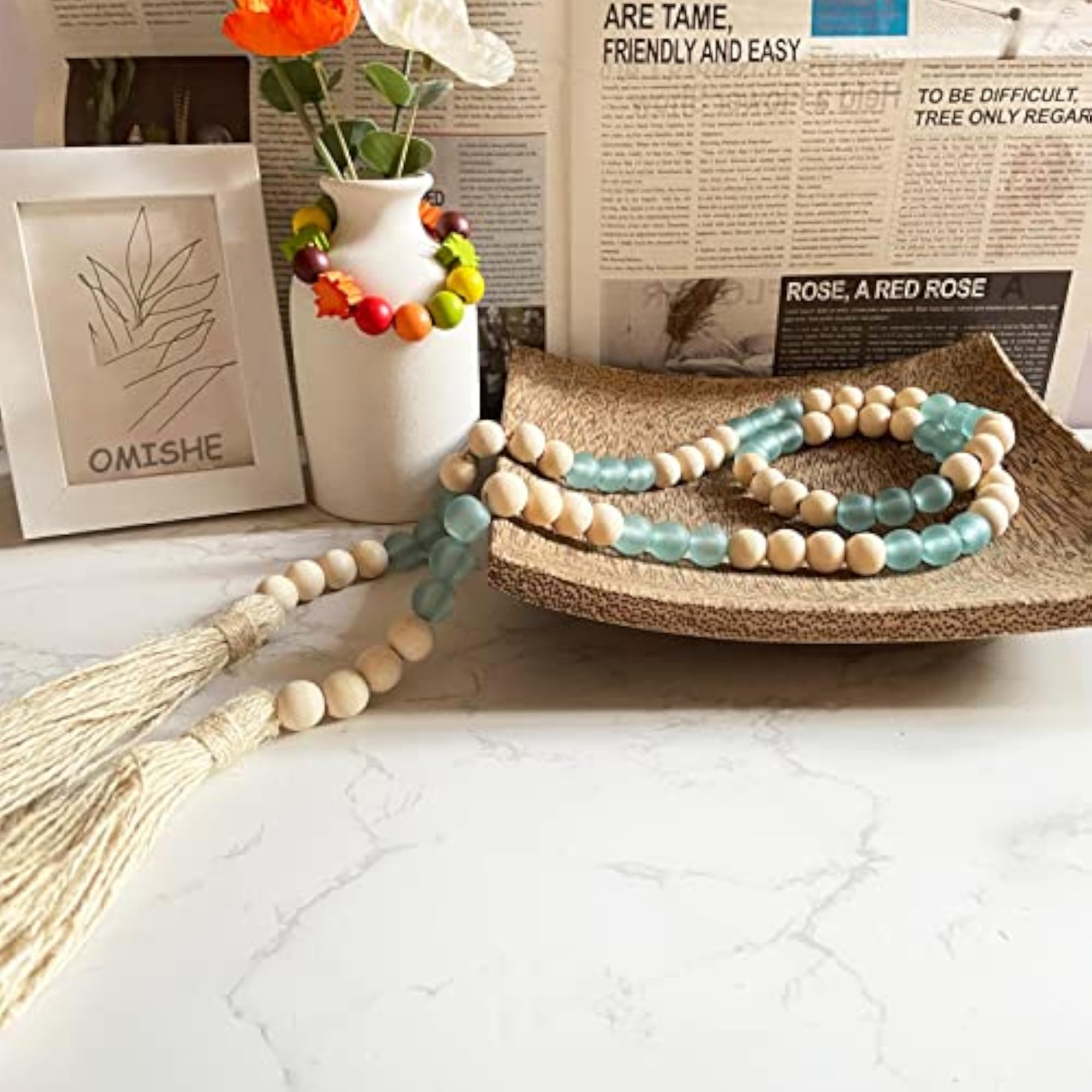 Wood Bead Garland with Tassels for Boho Decor