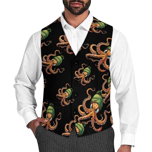 Cephalopod Octopus Men's Suit Vest Waistcoat Vests Formal Dress with 2 Pockets for Business Casual Tuxedo