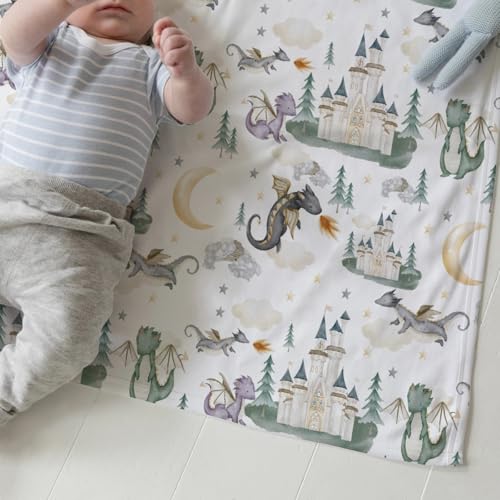 Image of Baby Boy Girl Blankets Dragon Tale Castle, Watercolor Green Moon Clouds Stars Tree Soft Lightweight Nursery Receiving Swaddle, Flannel Newborn Infant Toddler Crib Bedding Kids Gift 30 x 40