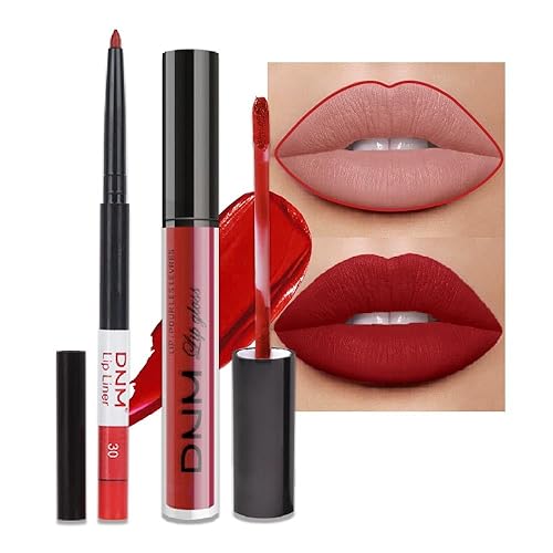 evpct Paquete de 2 lápices labiales líquidos de color rojo rubí baya mate y delineador de labios, juego de maquillaje líquido mate lápiz labial