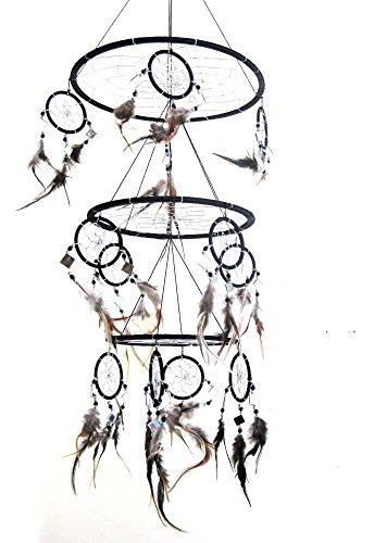 Image of OMA Black Dream Catcher, 3D Design with Mosaic Glass and Feathers, Boho Home Decor Bedroom Decoration Gift Large Size - 30" Long x 9" Diameter
