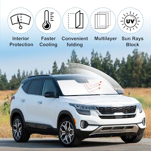 Image of Windshield Sun Shade Custom Fit for 2021 2022 2023 2024 2025 2026 Kia Kia Seltos Accessories Foldable Sunshade Sun Blocker Protect Car from Sun Rays & Heat Damage Keep Car Cooler
