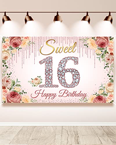 Happy Sweet 16 Banner – Gold-Weiß Partydekoration, 183x100 Cm, Für Mädchengeburtstag, Fotohintergrund