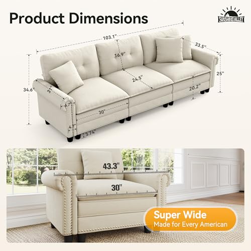 Image of SUNSHINE VALLEY 103.1 inch Modular Sectional Couch for Living Room Deep Seats | Mid-Century Modern 3-Seater Cloud Sofa, Beige, Rolled Arms & Nailhead Trim, Wider & Deeper Seats, Soft Chenille