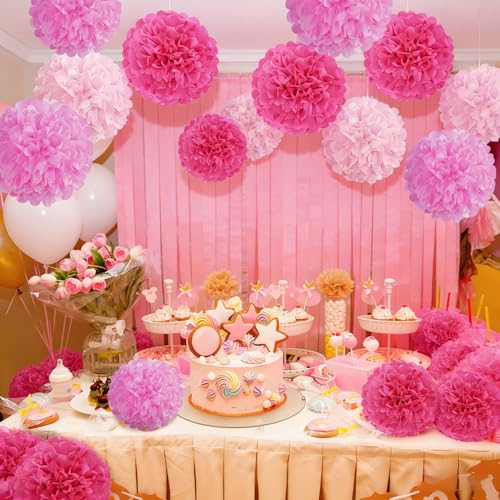 Image of Hot Pink Tissue Pom Poms Paper Flowers Hanging Decorations Pink Flower Ball for Mother's Day Baby Shower Wedding Nursery Birthday Party Backdrop Home Outdoor