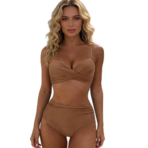 Conjunto de biquíni feminino de cintura alta com controle de barriga de duas peças