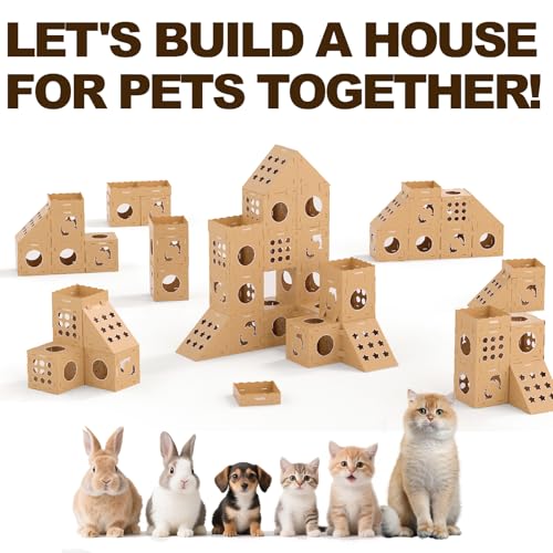 Image of DIY Cat House with Scratcher Cardboard, Condo with Scratching Pads,Cats Play House, DIY Modular Cat Boxes, Indoor Kitty Scratcher Hideout for One or More Cats, Cat Tower Castle Tunnel, 5 Parts