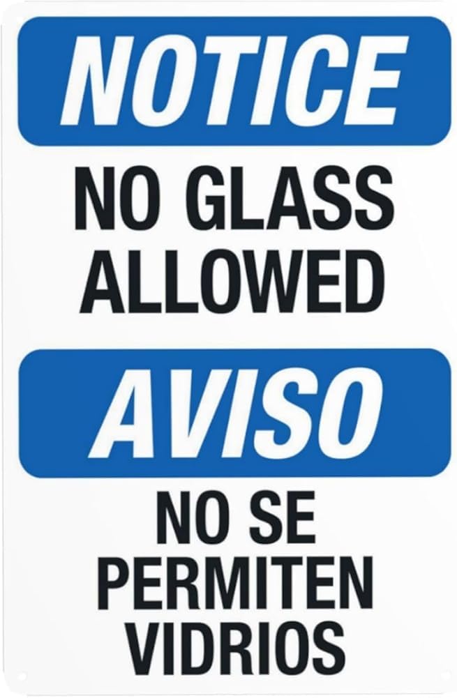 Notice No Glass Allowed Pool Sign Bilingual Spanish English Warning Sign Metal Signs For Business Home Outdoor Indoor Wall Safety Caution Decor Gift For Women Men 8x12 Inch