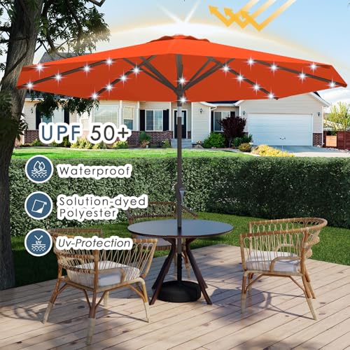 Image of 9FT Patio Umbrella with Solar Lights,Outdoor Market Umbrella with Tilt and Crank, LED Lighted Table Umbrella for Garden,Deck,Backyard,Pool,Beach (Orange)
