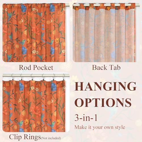 Image of JOOJA 90 Inch Boho Floral Curtains Tropical Bird Print Linen Semi Sheer Window Drapes for Kitchen, Bedroom, Bathroom, Living Room, Dining Room, Terracotta