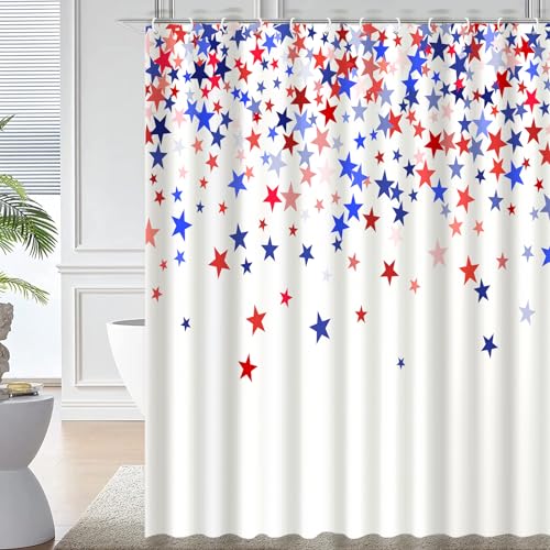 4th of July Patriotic Shower Curtain 72x72 Inch Red White Blue Stars Design Polyester Waterproof Bathroom Decorations for Independence Memorial Day & Veterans Day Celebrations with 12 Plastic Hooks