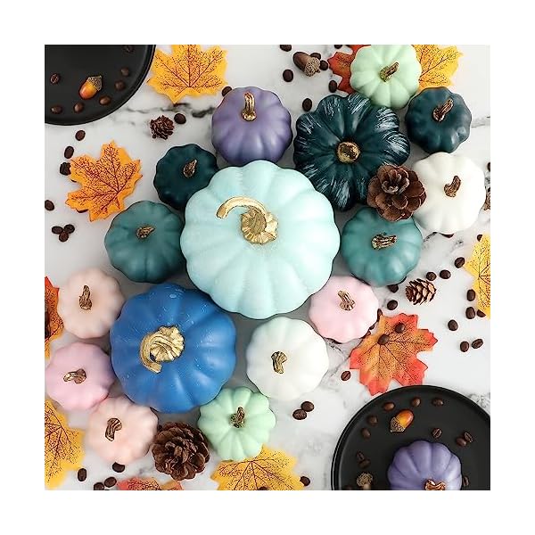 Ywlake Pumpkin Fall Decorations 16pcs, Decorative Large Small Outdoor Blue Green Pink Teal Foam Plastic Fake Faux Artificial Pumpkins for Halloween Autumn Harvest Festival Home Table Decor