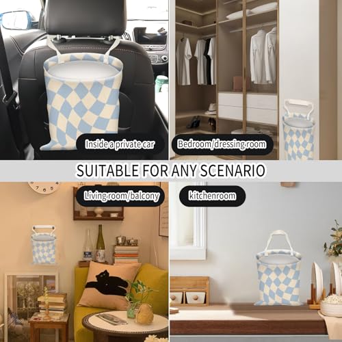 Image of Car Trash Can, Hanging Garbage Bin for Men and Women, Cute Car Organizer and Storage Bag, Canvas Vehicle Trash Can Bag Easy-to-Install Cute Blue Checkborad