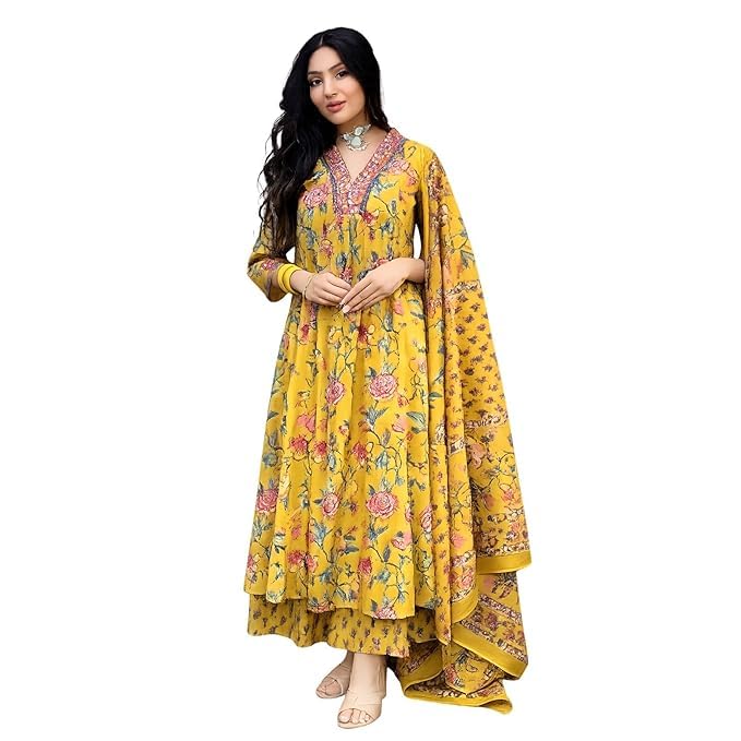 Women Printed Anarkali Kurta Palazzo Set | Cotton Blend Floral Ethnic Wear, V Neck, 3/4 Sleeve | Flared Calf Length Kurta Set for Office, Party & Casual Wear-image-19