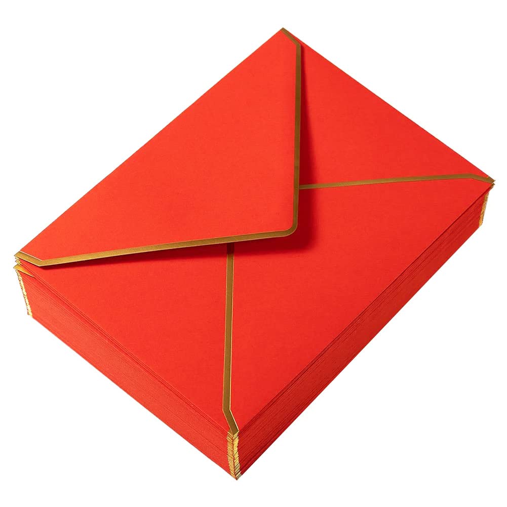 Lot de 100 Enveloppes A7 5 X 7 Enveloppes pour Cartes Enveloppes à Rabat en V avec Bordures DoréEs pour Cartes-Cadeaux, Invitations (Rouge)