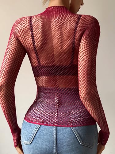 Image of Avidlove Women's Sexy Fishnet Mesh Long Sleeve Tops Mock Neck Sheer Lace See-Through Blouse Bodycon Clubwear Party Tops