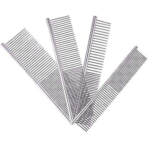 falllea 4 Pcs Pet Comb Beauty Comb, Different Sizes of Double-sided Stainless Steel Dog Combs for Large, Medium & Small Dogs & Cats with Tangled Short/Long Hair Cover