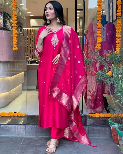 Women's Silk Blend Embroidered Straight Kurta with Trousers and Dupatta3