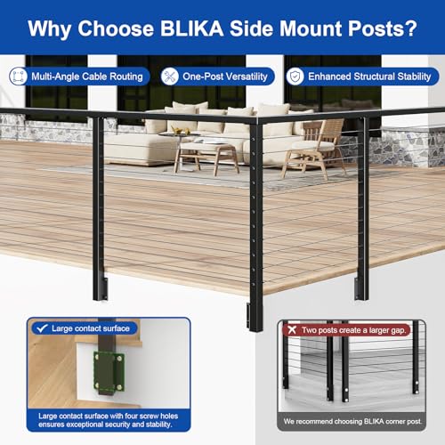 Image of BLIKA 2 Pack 36 inch Side Mount Cable Railing Posts, 304 Stainless Steel, Level Drilled Fascia Mount Deck Post for Cable Railing Kit, Black Powder Coated Side Mount Line Posts