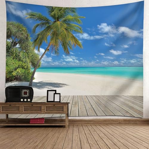 Tapisserie plage et planche en bois pour masquer un mur nu et illuminer une chambre