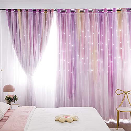 Unistar 2 Panels Star Blackout Curtains For Girls Bedroom Kids Room - Double Layer Cut Out Colorful Ombre Window Sheer Curtains For Living Room, W52 X L63 Inch, Purple #TOP1