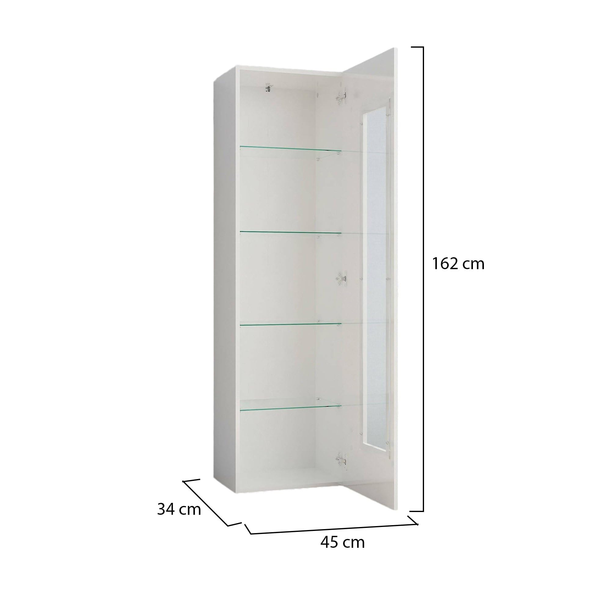 Dmora - Vetrina Mimmo, Credenza con anta a vetro, Mobile da soggiorno multiuso, 100% Made in Italy, cm 45x34h162, Bianco lucido