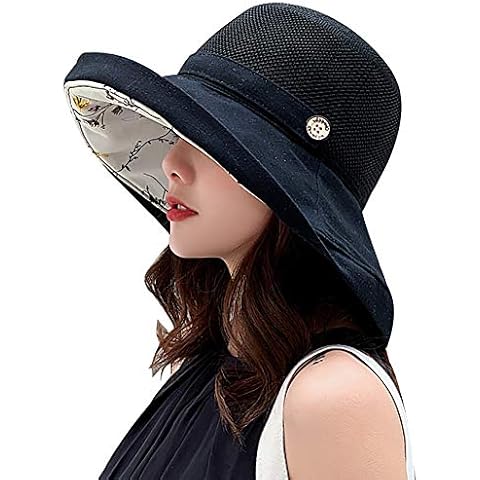 Summer Mesh Sun Hats for Women Lightweight Beach Hat Floral UPF50+ Packable Wide Brim Bucket Hat with Chin Strap - black - M Cover