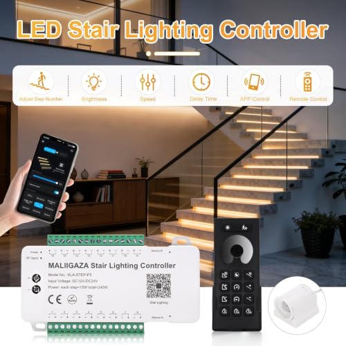 Image of Smart Motion Sensor Stair Lights,16 Step COB Strip Kit with App Remote | PIR Motion Detection Staircase Lighting Automatic Dynamic Effects Always-On Mode Step-by-Step Illumination Easy DIY Setup