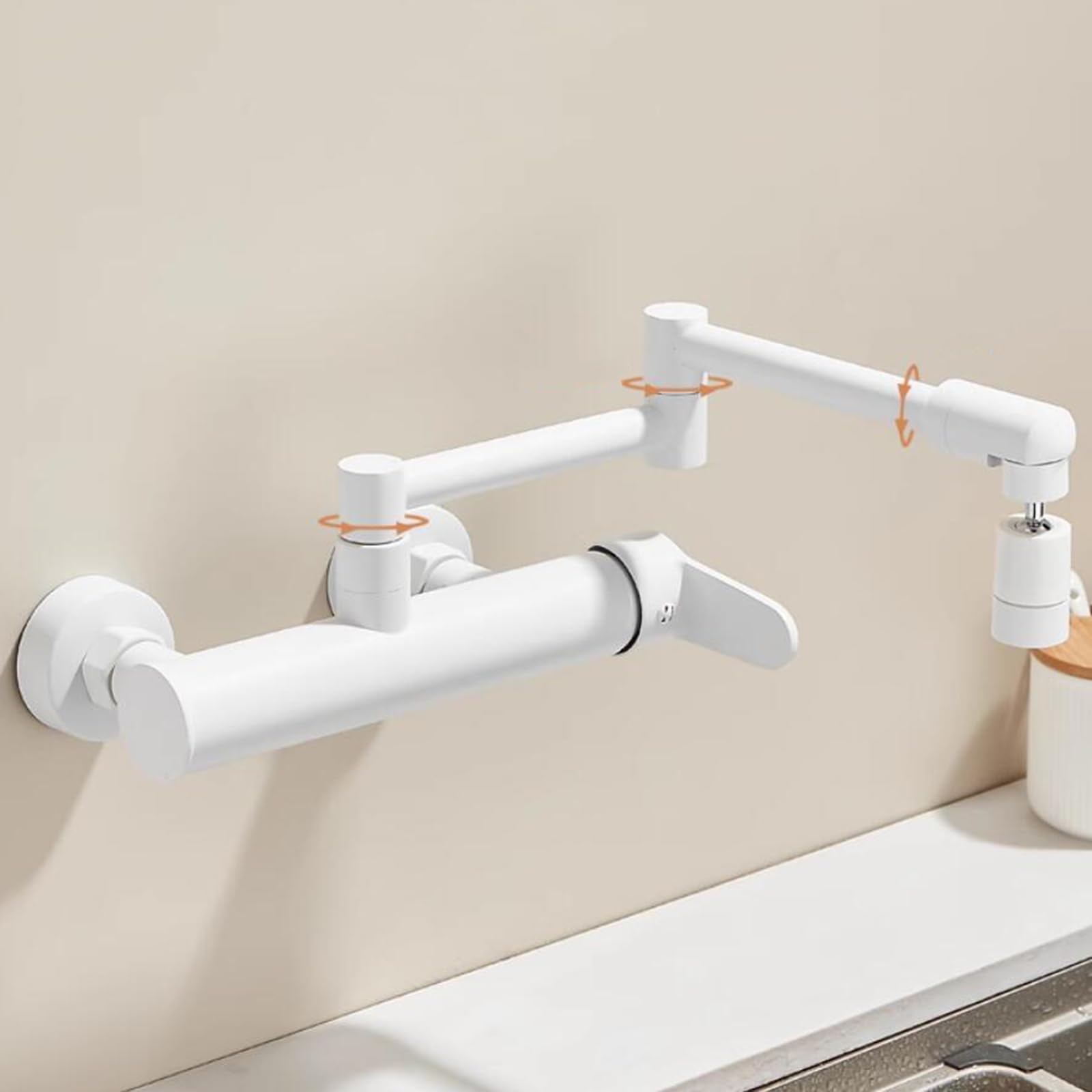 Rubinetto Cucina a Muro Miscelatore Cucina Pieghevole Girevole Acqua Fredda e Calda Ottone 2 Funzioni Bocchetta Miscelatore Cucina Parete-Bianco
