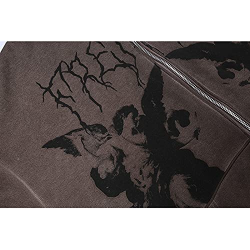 Tsnbre Women Y2K Aesthetic Oversized Hoodies Angel Print Zip Up Long Sleeve Sweatshirt Hooded Pullover Top Streetwear Jacket Coffee #TOP2